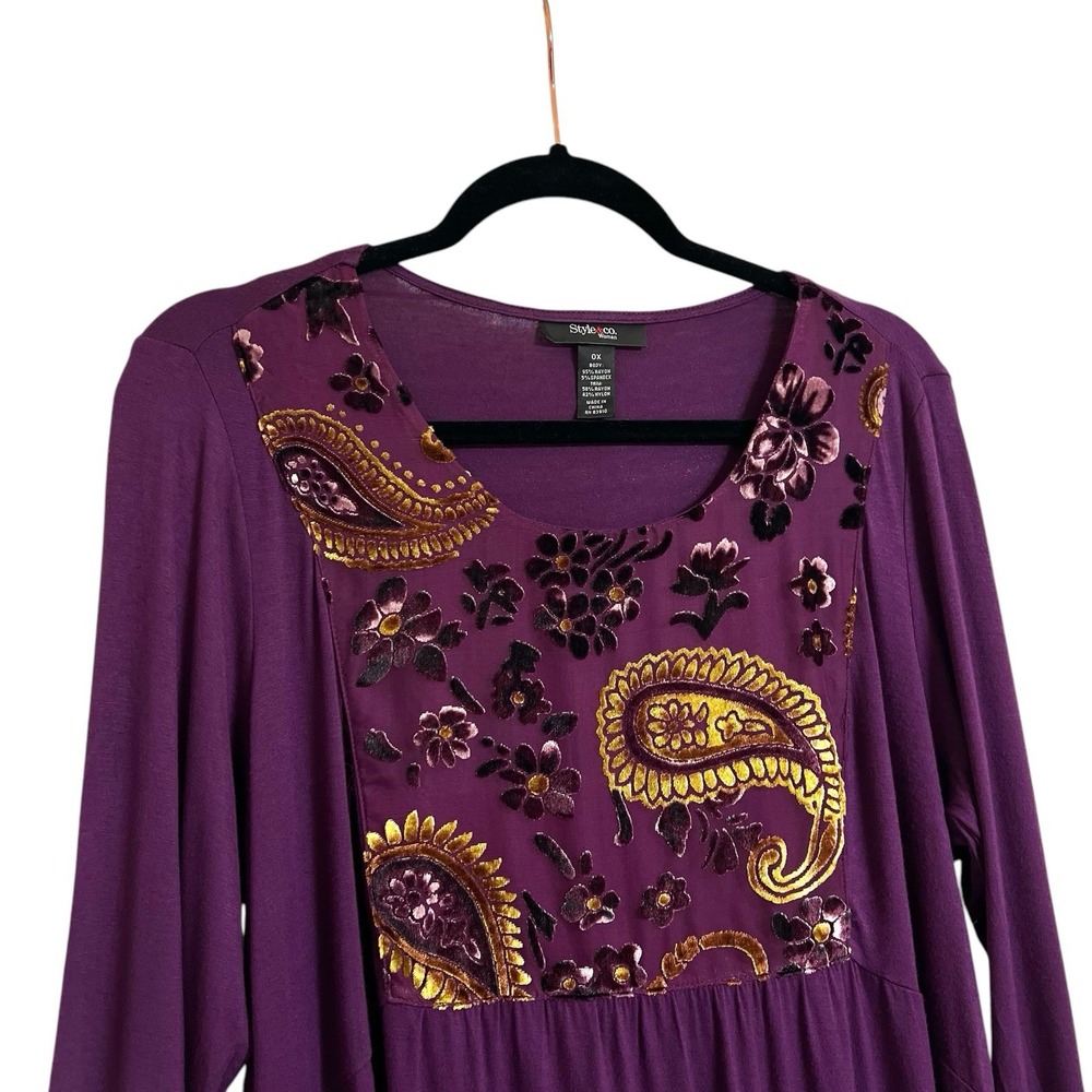 Style & Co Blouse Size OX Paisley Floral Velvet Front Panel Long Sleeve Top New - Picture 5 of 13